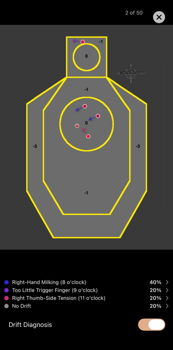 Peregrine Drift Diagnosis review showing shot drift causes on a silhouette target
