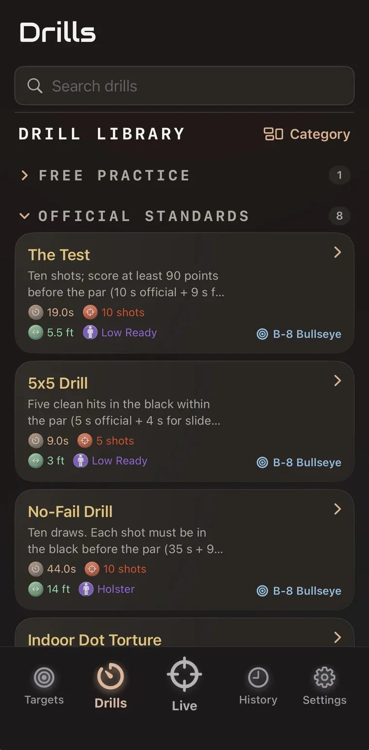 Drills library grouped by category, with Official Standards expanded to The Test, 5x5 Drill and No-Fail Drill