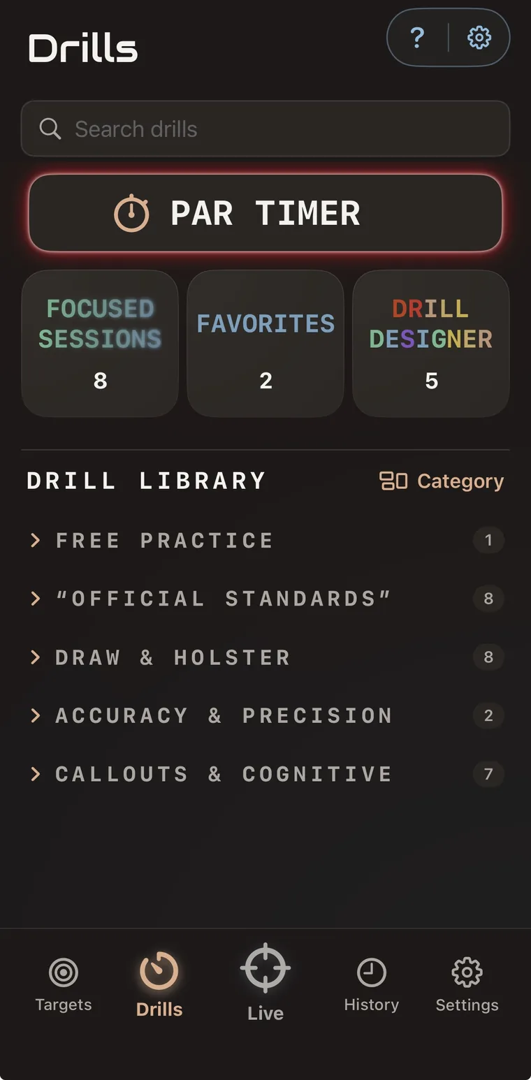 Drills tab with the Par Timer pinned above the Focused Sessions, Favorites and Drill Designer shortcuts, and the drill library grouped by category