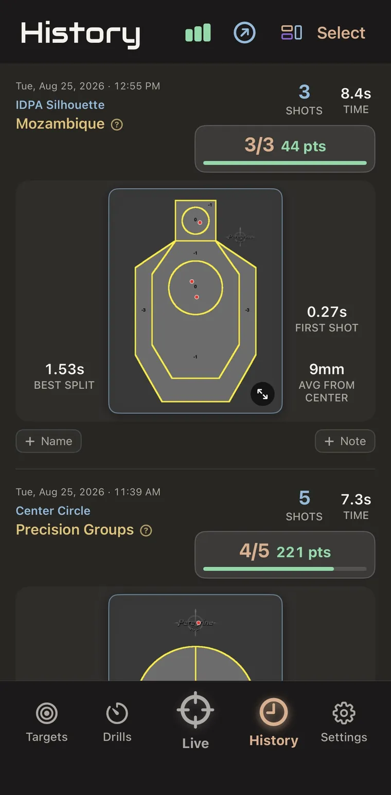 History list with saved drill sessions on the IDPA silhouette and Center Circle targets