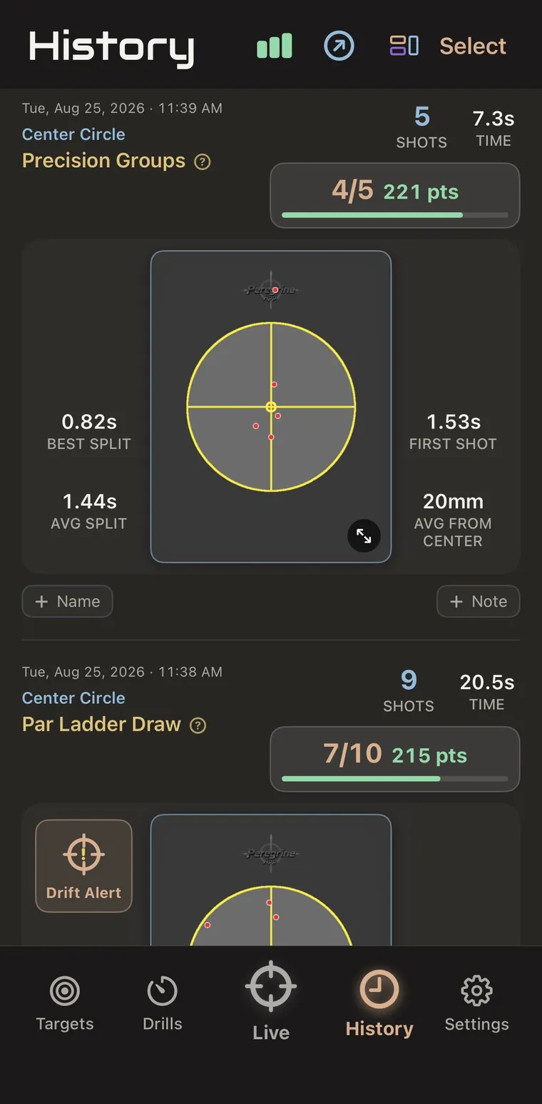 History screen listing past sessions with hit maps, split times and scores, and a Drift Alert badge on one of them